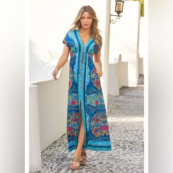 Boston Proper- Women’s Border Scarf Print Blue Floral Maxi Dress, Size Small - Picture 6 of 16